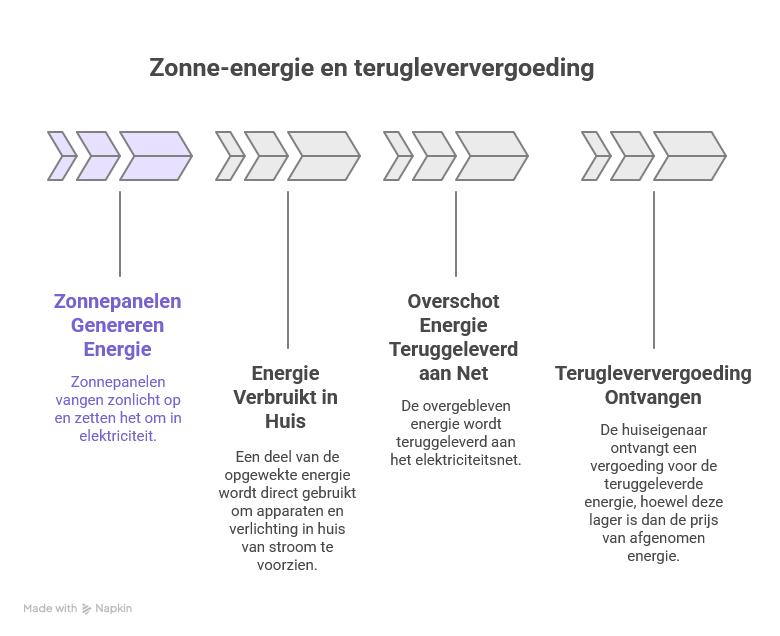 Zonne-energie en terugleververgoeding: overzicht van het proces van zonnepanelen, energieverbruik, teruglevering aan het net en terugleververgoeding